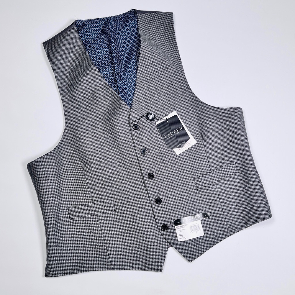 NWT Lauren Ralph Lauren Mens Vest Size L Wool Gray Black Houndstooth Waistcoat